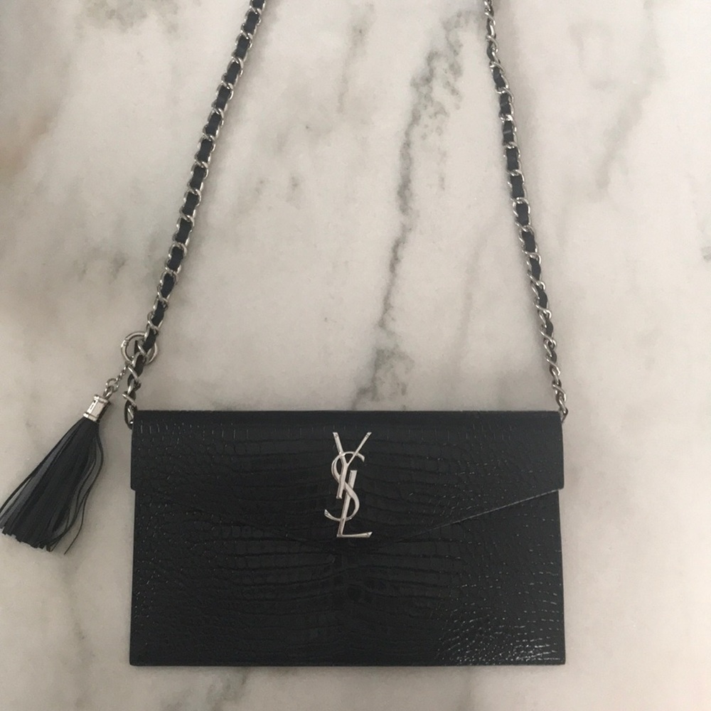 YSL Uptown Pouch in Black Croc embossed Leather